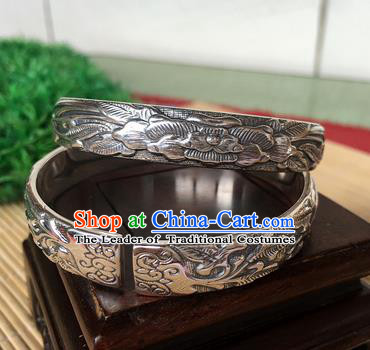 Handmade Chinese Miao Nationality Sliver Bracelet Traditional Hmong Carving Bangle for Women