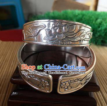 Handmade Chinese Miao Nationality Carving Lotus Fishes Sliver Bracelet Traditional Hmong Bangle for Women