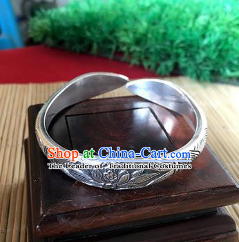 Handmade Chinese Miao Nationality Carving Lotus Sliver Bracelet Traditional Hmong Bangle for Women