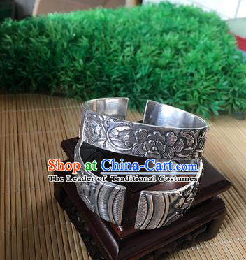 Handmade Chinese Miao Nationality Carving Peony Sliver Bracelet Traditional Hmong Bangle for Women