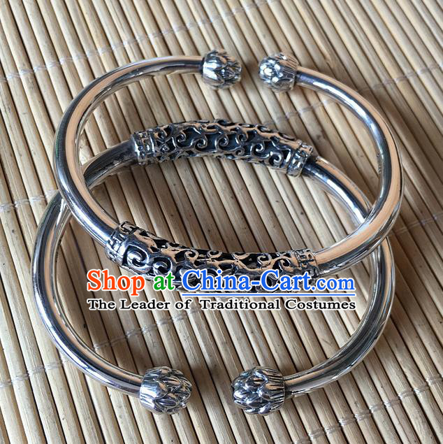 Handmade Chinese Miao Nationality Sliver Bracelet Traditional Hmong Bangle for Women