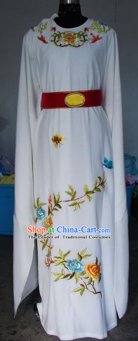 Chinese Traditional Shaoxing Opera Prince Embroidered Peony White Robe Peking Opera Niche Costumes for Adults