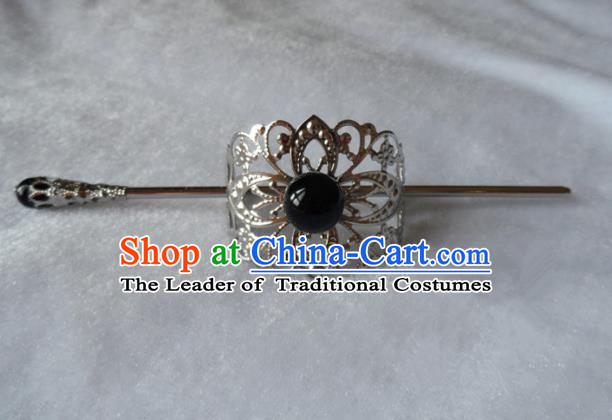 Chinese Traditional Ancient Handmade Black Bead Hairdo Crown Hair Accessories Swordsman Hairpins for Men