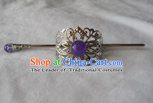 Chinese Traditional Ancient Handmade Purple Bead Hairdo Crown Hair Accessories Swordsman Hairpins for Men