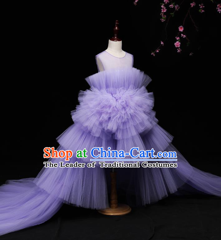 Children Modern Dance Costume Compere Full Dress Stage Piano Performance Purple Veil Trailing Dress for Kids