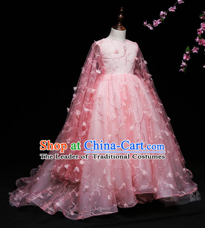 Children Modern Dance Costume Compere Pink Full Dress Stage Piano Performance Princess Dress for Kids