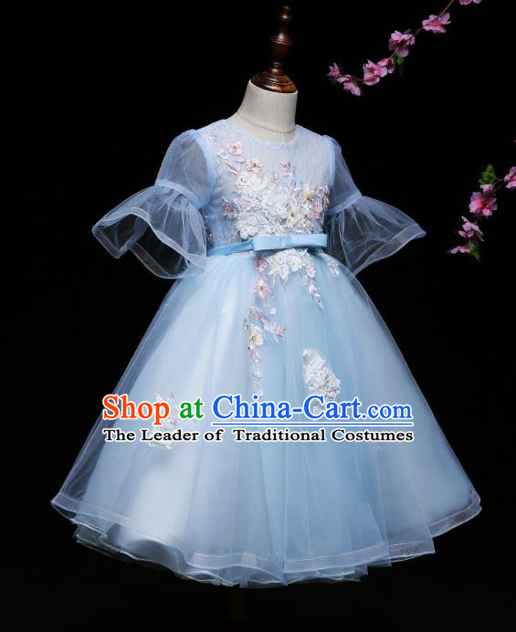 Children Modern Dance Costume Compere Blue Veil Full Dress Stage Piano Performance Princess Dress for Kids