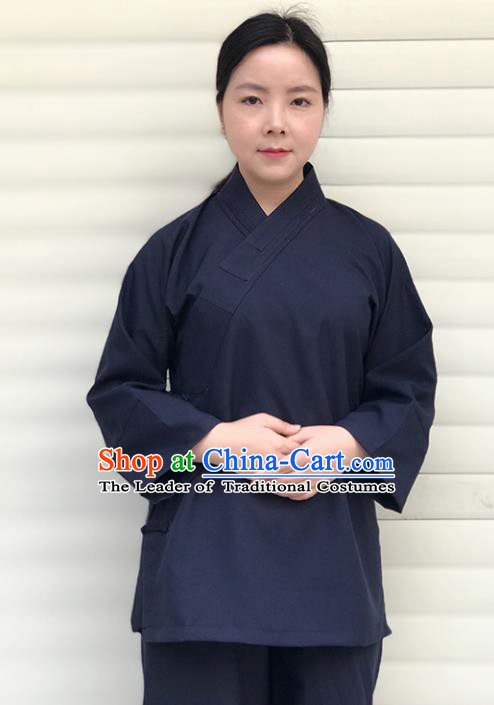 Chinese Traditional Martial Arts Taoist Nun Costumes Tai Chi Kung Fu Navy Shirt for Women