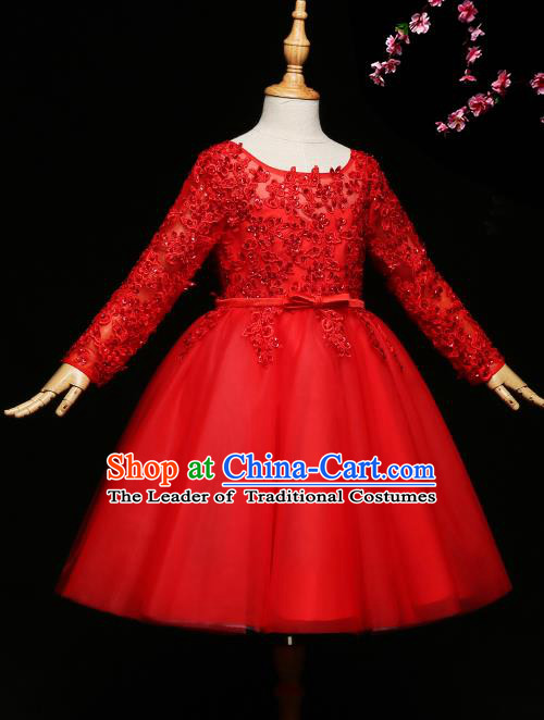 Children Modern Dance Costume Compere Red Bubble Short Full Dress Stage Piano Performance Princess Dress for Kids