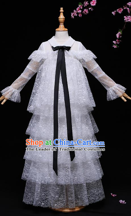 Children Modern Dance Costume Compere Full Dress Stage Piano Performance Princess White Veil Dress for Kids