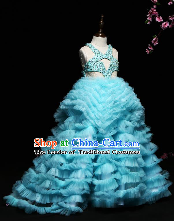 Children Modern Dance Costume Compere Blue Trailing Full Dress Stage Piano Performance Princess Dress for Kids