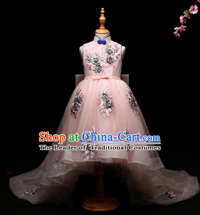 Children Modern Dance Costume Compere Full Dress Stage Performance Chorus Pink Trailing Dress for Kids