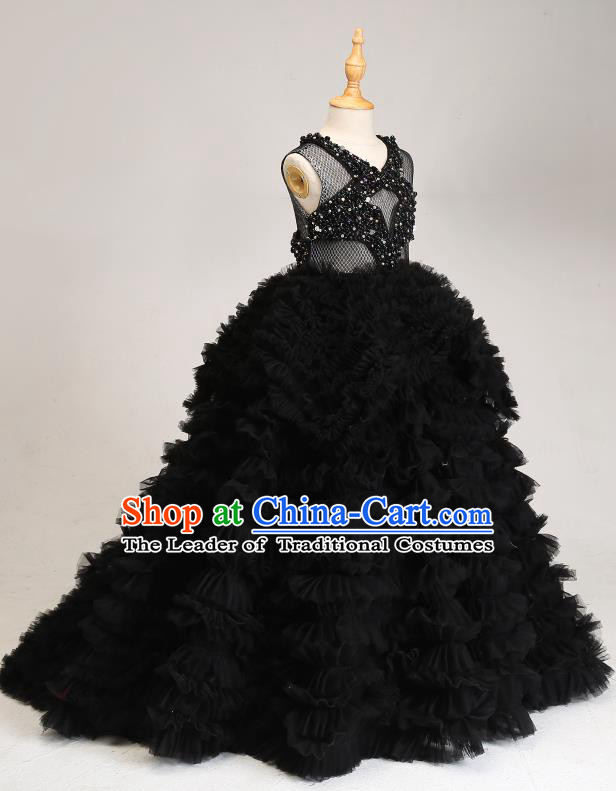 Children Modern Dance Costume Compere Black Trailing Full Dress Stage Piano Performance Princess Dress for Kids