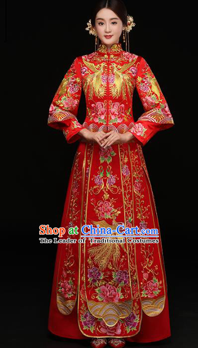 Chinese Traditional Wedding Costumes Top Grade Longfeng Flown Bride Embroidered Phoenix Trailing Xiuhe Suits for Women