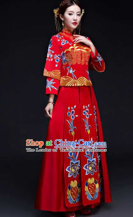 Chinese Traditional Wedding Costumes Longfeng Flown Bride Embroidered Flowers Red Xiuhe Suits for Women