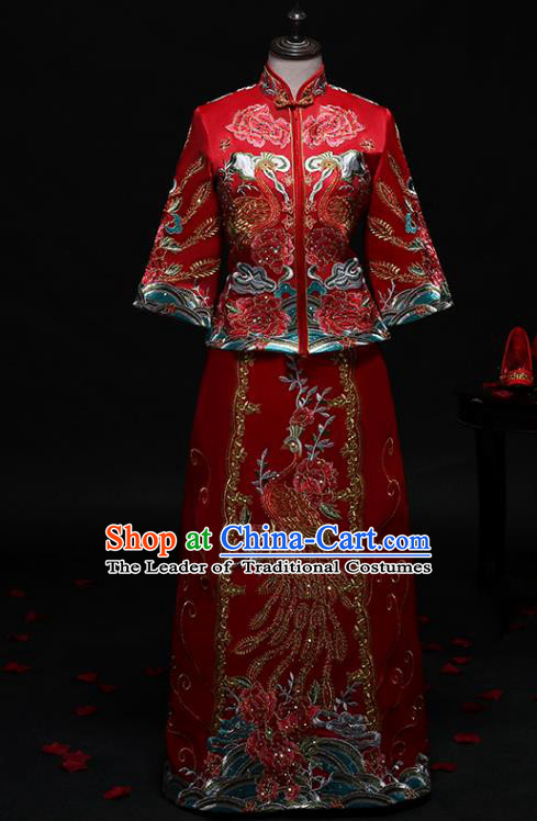 Chinese Traditional Embroidered Phoenix Wedding Costumes Ancient Diamante Longfeng Flown Bride Xiuhe Suits for Women