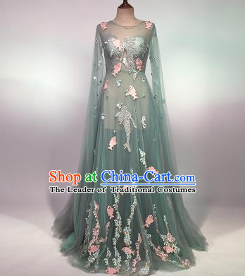 Top Grade Stage Performance Customized Costume Models Catwalks Green Veil Full Dress for Women