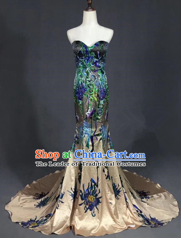 Top Grade Compere Stage Performance Customized Costume Models Catwalks Embroidered Full Dress for Women