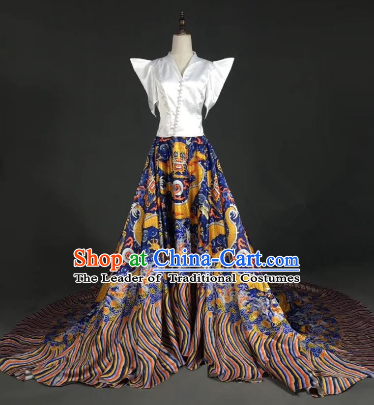 Top Grade Compere Stage Performance Customized Costume Models Catwalks Printing Trailing Full Dress for Women