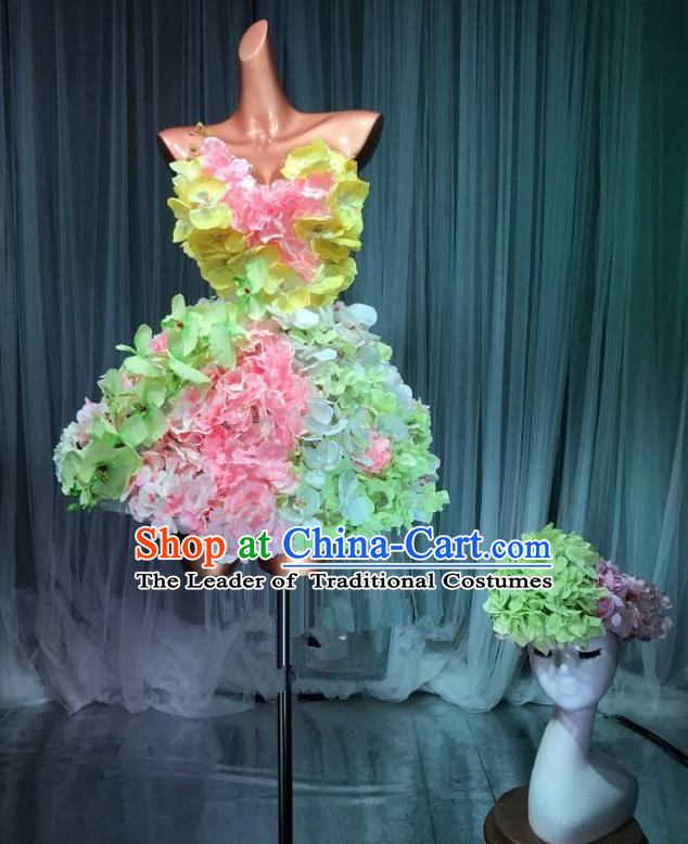 Top Grade Stage Performance Dance Costume Models Catwalks Flowers Fairy Dress and Headwear for Women