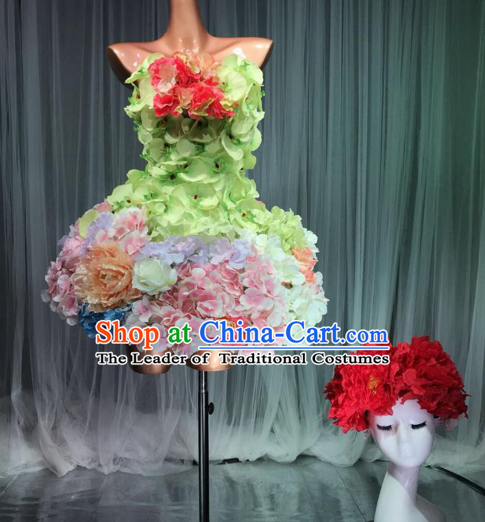 Top Grade Stage Performance Costume Models Catwalks Flowers Fairy Dance Dress and Headwear for Women