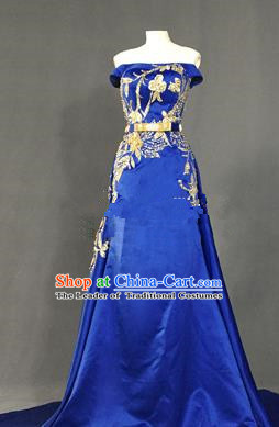 Top Grade Stage Performance Costume Models Catwalks Royalblue Off Shoulder Full Dress for Women