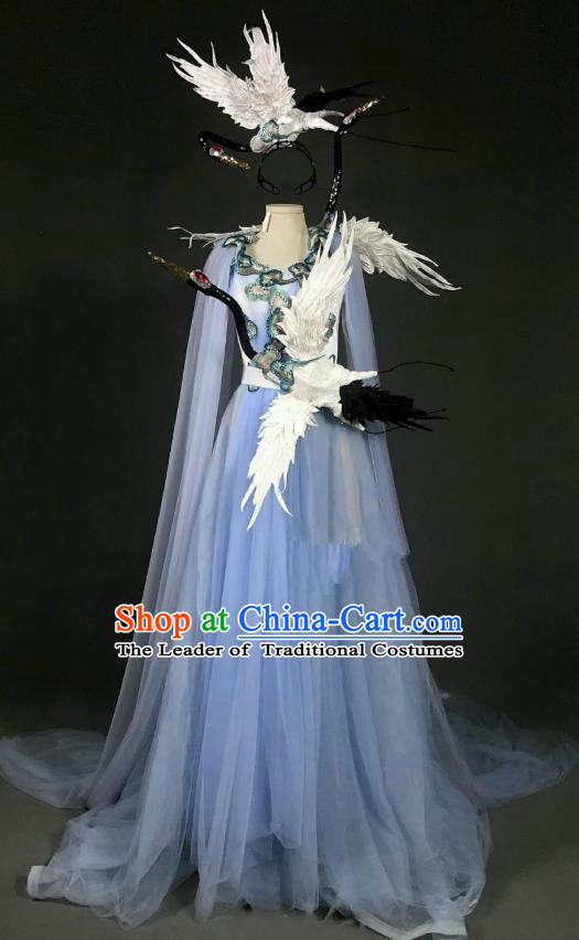 Top Grade Stage Performance Costume Models Catwalks Crane Blue Full Dress for Women