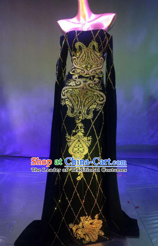 Top Grade Stage Performance Compere Costume Models Catwalks Black Full Dress for Women