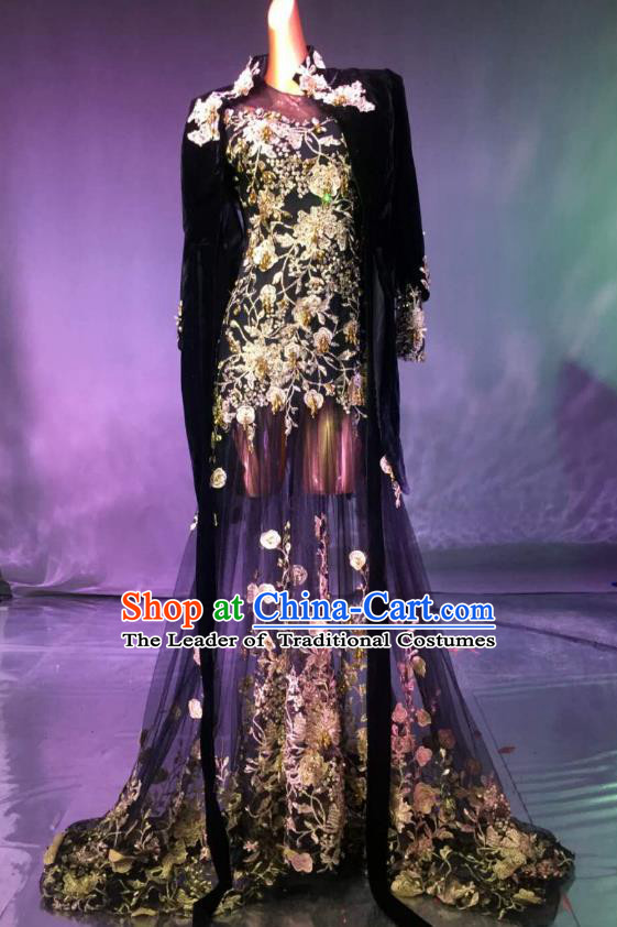 Top Grade Stage Performance Compere Costume Models Catwalks Black Veil Full Dress for Women