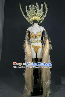Top Grade Models Catwalks Feather Costume and Headwear Compere Stage Performance Full Dress for Women