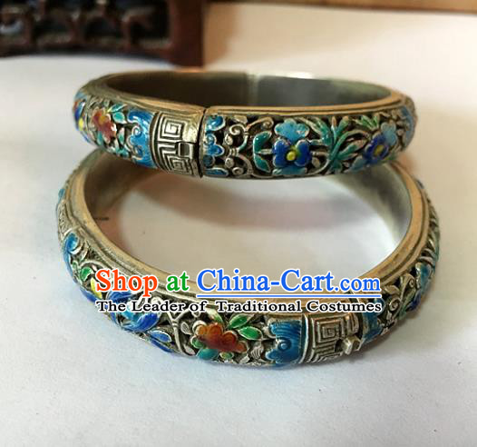 Handmade Chinese Miao Nationality Sliver Bracelet Traditional Hmong Carving Blueing Bangle for Women