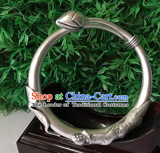Handmade Chinese Miao Nationality Sliver Lotus Bracelet Traditional Hmong Bangle for Women