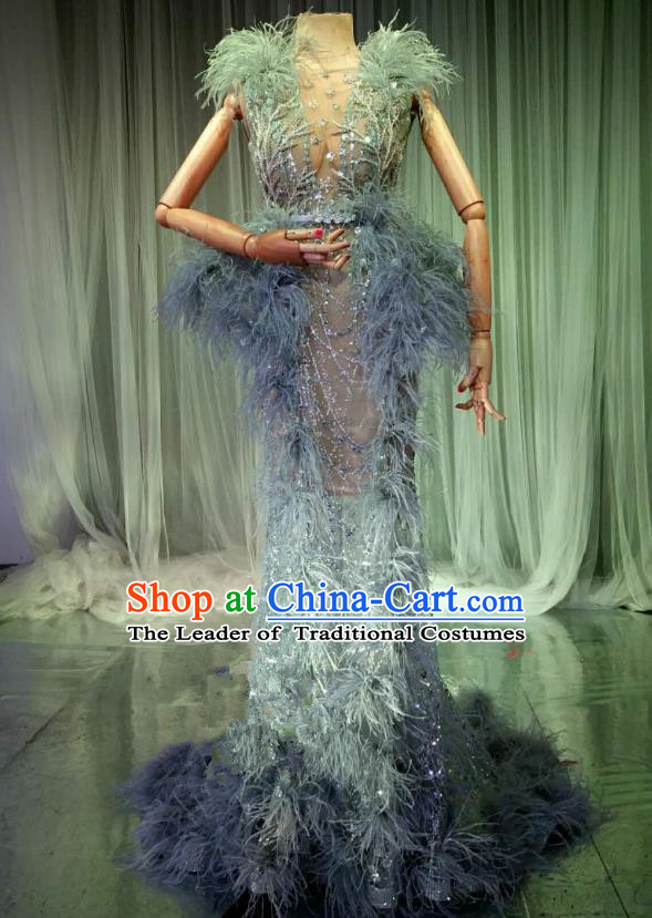 Top Grade Models Catwalks Costume Blue Full Dress Stage Performance Compere Clothing for Women