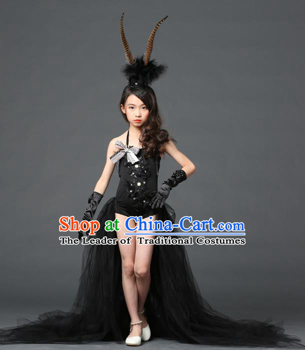 Children Models Show Costume Stage Performance Modern Dance Catwalks Black Veil Trailing Dress for Kids