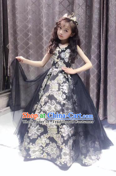 Children Models Show Costume Stage Performance Modern Dance Catwalks Princess Black Veil Dress for Kids