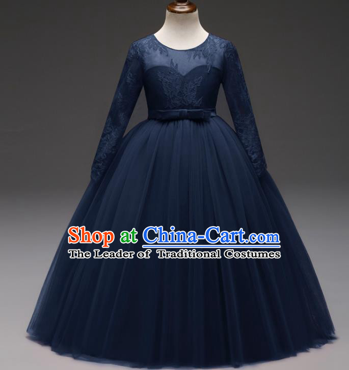 Children Models Show Costume Stage Performance Modern Dance Compere Navy Lace Veil Dress for Kids