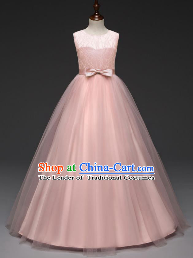 Children Models Show Costume Stage Performance Catwalks Compere Pink Veil Dress for Kids