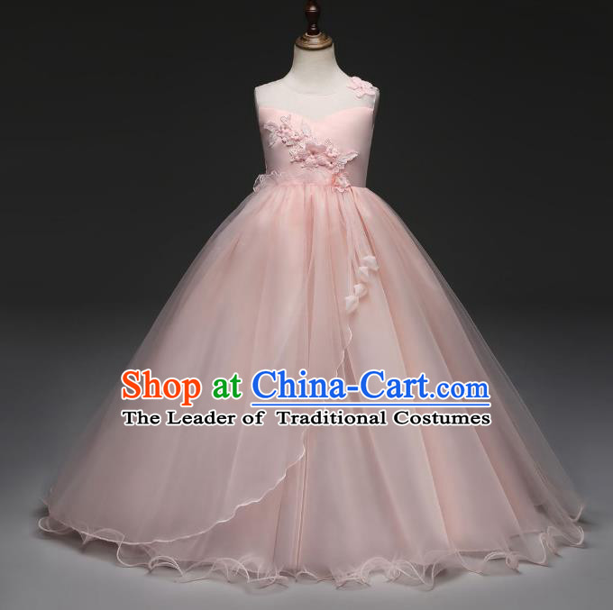 Children Models Show Costume Stage Performance Catwalks Compere Princess Pink Dress for Kids