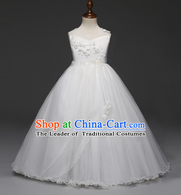 Children Models Show Costume Stage Performance Catwalks Compere Princess White Dress for Kids