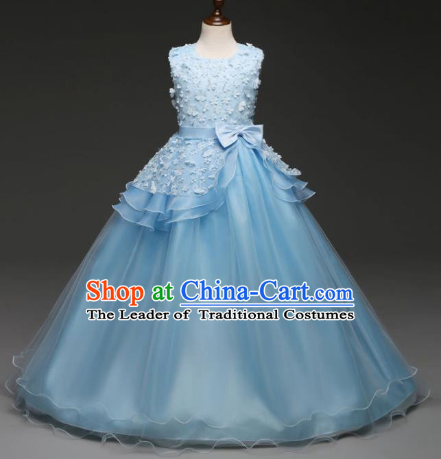 Children Models Show Costume Stage Performance Catwalks Compere Princess Blue Dress for Kids