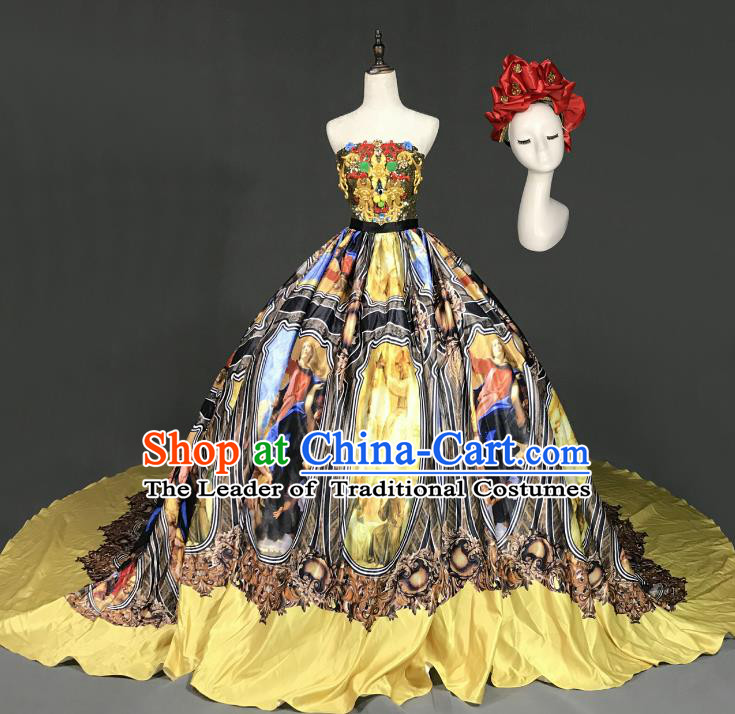 Top Grade Models Show Costume Stage Performance European Court Printing Black Full Dress for Women