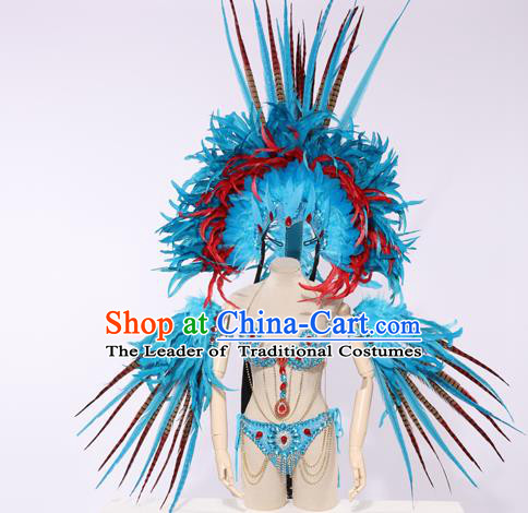 Top Grade Stage Performance Clothing Models Show Brazilian Rio Carnival Samba Dance Blue Feather Costume and Headwear for Women