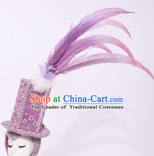 Top Grade Stage Performance Clothing Models Show Brazilian Rio Carnival Samba Purple Feather Headwear for Women