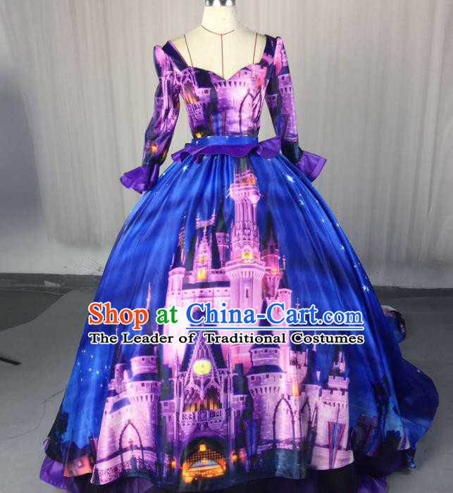 Top Grade Models Show Costume Stage Performance Catwalks Printing Blue Full Dress for Women