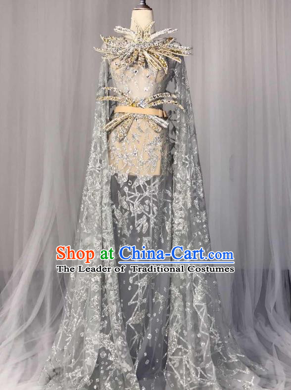 Top Grade Models Show Costume Stage Performance Catwalks Grey Full Dress for Women