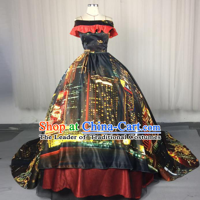 Top Grade Models Show Costume Stage Performance Catwalks Printing Black Full Dress for Women