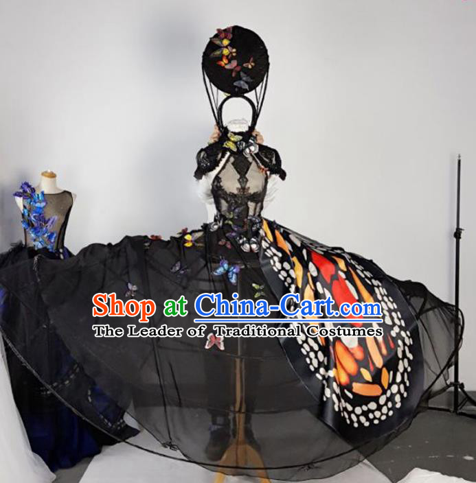 Top Grade Models Show Costume Stage Performance Catwalks Butterfly Black Full Dress for Women