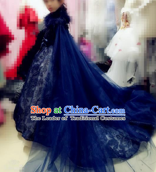 Children Models Show Costume Stage Performance Catwalks Compere Navy Veil Mullet Dress for Kids