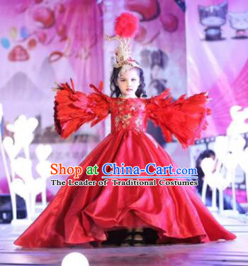 Children Models Show Costume Stage Performance Catwalks Compere Red Feather Mullet Dress for Kids