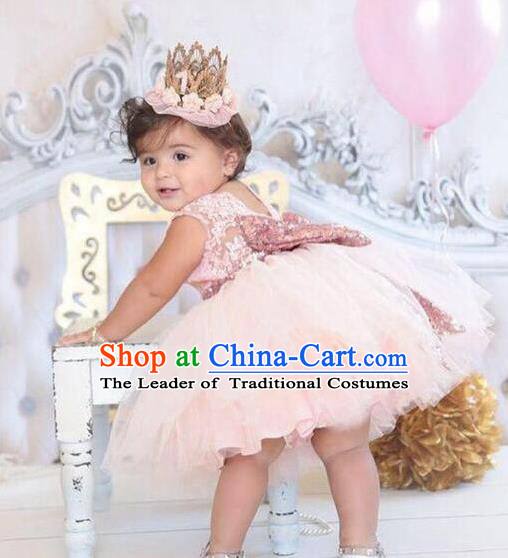 Children Models Show Costume Catwalks Stage Performance Pink Bowknot Dress for Kids